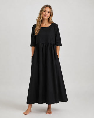 Casual Midi Dress for Women with Gathered Waist and Three-Quarter Sleeves in Lightweight Linen