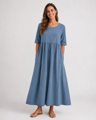 Casual Midi Dress for Women with Gathered Waist and Three-Quarter Sleeves in Lightweight Linen