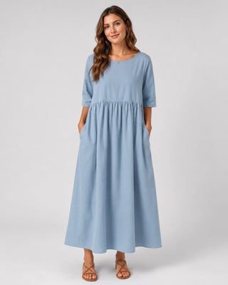 Casual Midi Dress for Women with Gathered Waist and Three-Quarter Sleeves in Lightweight Linen