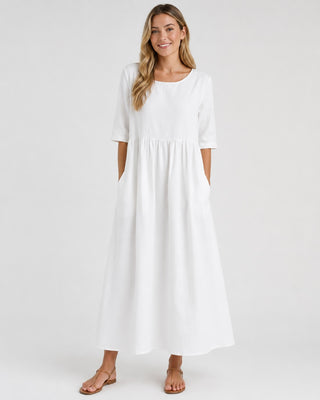 Casual Midi Dress for Women with Gathered Waist and Three-Quarter Sleeves in Lightweight Linen