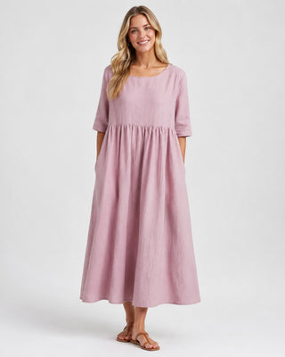 Casual Midi Dress for Women with Gathered Waist and Three-Quarter Sleeves in Lightweight Linen