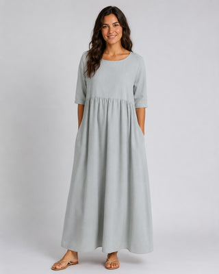 Casual Midi Dress for Women with Gathered Waist and Three-Quarter Sleeves in Lightweight Linen