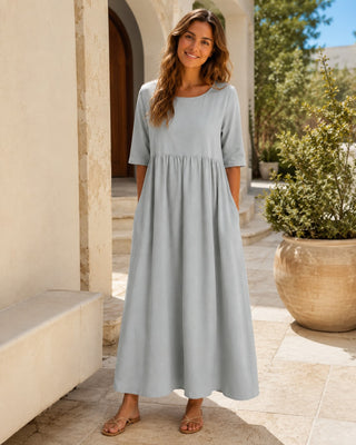 Casual Midi Dress for Women with Gathered Waist and Three-Quarter Sleeves in Lightweight Linen
