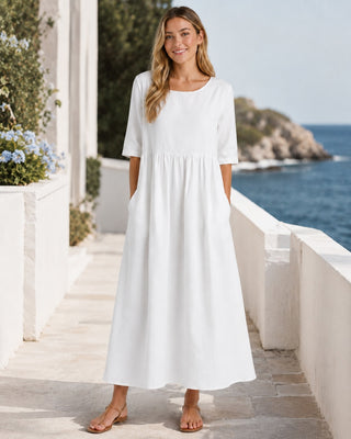 Casual Midi Dress for Women with Gathered Waist and Three-Quarter Sleeves in Lightweight Linen