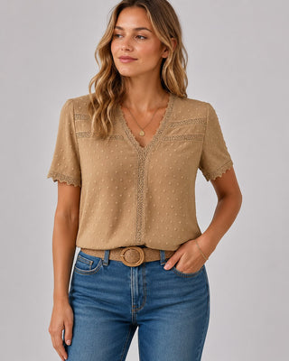White Casual V-Neck Blouse with Lace Trim Short Sleeves Textured Fabric for Women
