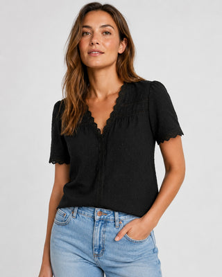 White Casual V-Neck Blouse with Lace Trim Short Sleeves Textured Fabric for Women
