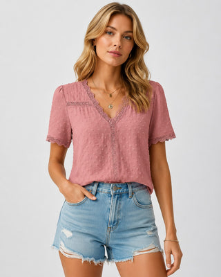 White Casual V-Neck Blouse with Lace Trim Short Sleeves Textured Fabric for Women