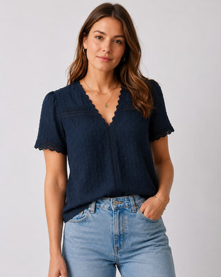 White Casual V-Neck Blouse with Lace Trim Short Sleeves Textured Fabric for Women