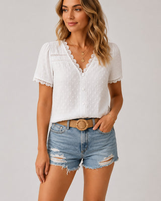 White Casual V-Neck Blouse with Lace Trim Short Sleeves Textured Fabric for Women