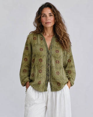 Women's Embroidered Blouse V-Neck Long Sleeve Loose Fit Soft Fabric Casual Top