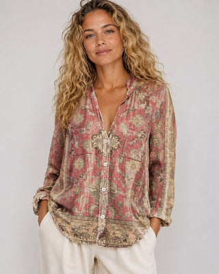 Women's Embroidered Blouse V-Neck Long Sleeve Loose Fit Soft Fabric Casual Top