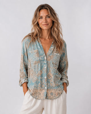 Women's Embroidered Blouse V-Neck Long Sleeve Loose Fit Soft Fabric Casual Top