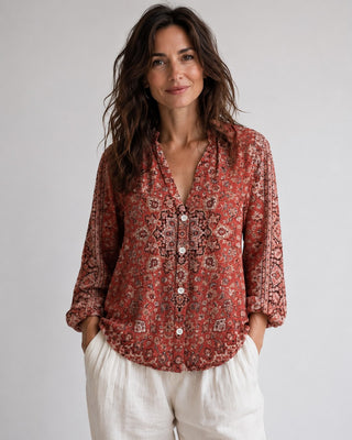 Women's Embroidered Blouse V-Neck Long Sleeve Loose Fit Soft Fabric Casual Top