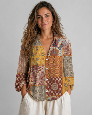 Women's Embroidered Blouse V-Neck Long Sleeve Loose Fit Soft Fabric Casual Top