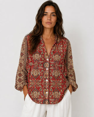 Women's Embroidered Blouse V-Neck Long Sleeve Loose Fit Soft Fabric Casual Top