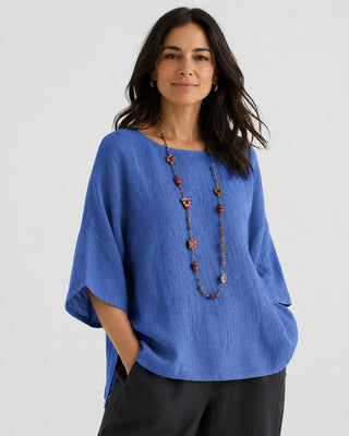 Casual Oversized Women's Blouse in Soft Linen with Three-Quarter Sleeves for Summer Fashion