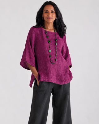 Casual Oversized Women's Blouse in Soft Linen with Three-Quarter Sleeves for Summer Fashion