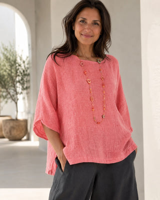 Casual Oversized Women's Blouse in Soft Linen with Three-Quarter Sleeves for Summer Fashion