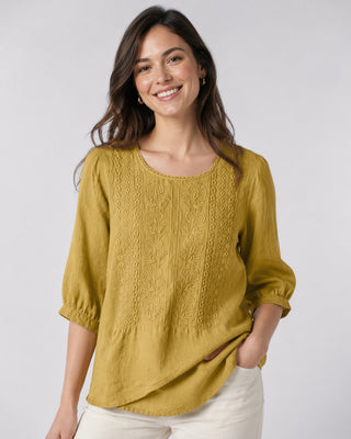 Casual Cotton Women's Blouse with Three-Quarter Sleeves and Embroidered Detail