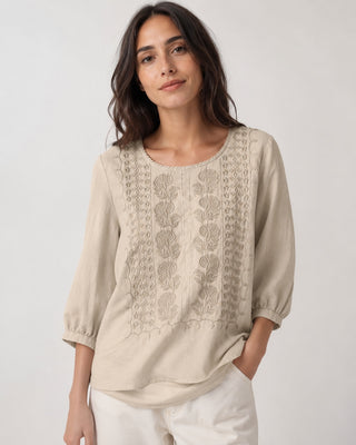 Casual Cotton Women's Blouse with Three-Quarter Sleeves and Embroidered Detail