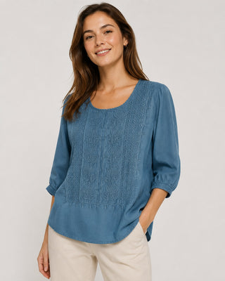 Casual Cotton Women's Blouse with Three-Quarter Sleeves and Embroidered Detail