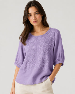 Casual Cotton Women's Blouse with Three-Quarter Sleeves and Embroidered Detail