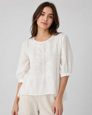 Casual Cotton Women's Blouse with Three-Quarter Sleeves and Embroidered Detail
