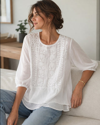 Casual Cotton Women's Blouse with Three-Quarter Sleeves and Embroidered Detail