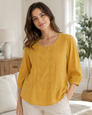 Casual Cotton Women's Blouse with Three-Quarter Sleeves and Embroidered Detail