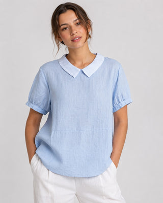 White Linen Blouse with Peter Pan Collar and Short Sleeves in Relaxed Fit for Women