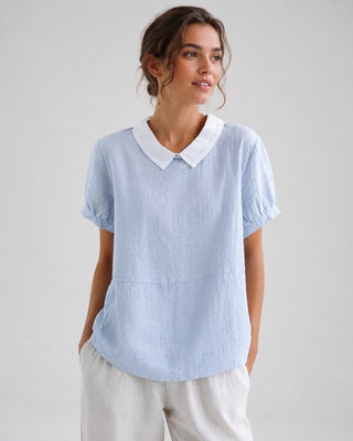 White Linen Blouse with Peter Pan Collar and Short Sleeves in Relaxed Fit for Women