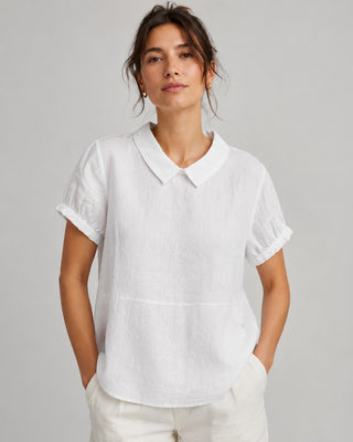White Linen Blouse with Peter Pan Collar and Short Sleeves in Relaxed Fit for Women