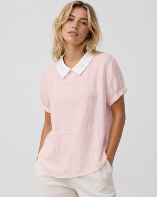White Linen Blouse with Peter Pan Collar and Short Sleeves in Relaxed Fit for Women