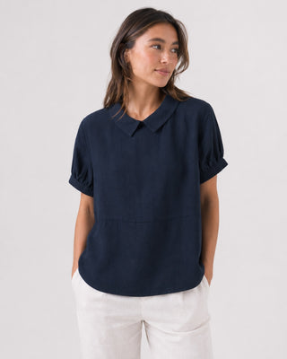 White Linen Blouse with Peter Pan Collar and Short Sleeves in Relaxed Fit for Women