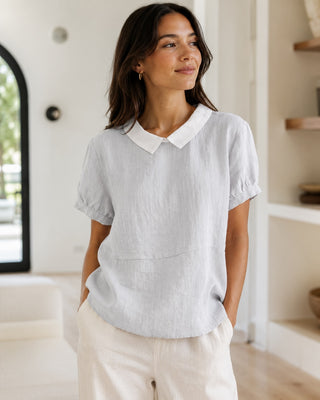 White Linen Blouse with Peter Pan Collar and Short Sleeves in Relaxed Fit for Women