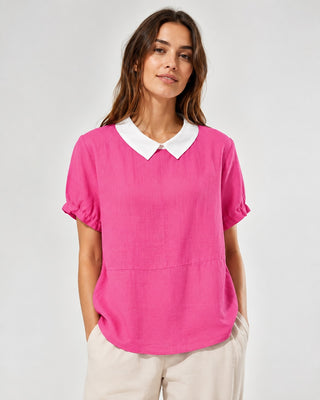 White Linen Blouse with Peter Pan Collar and Short Sleeves in Relaxed Fit for Women