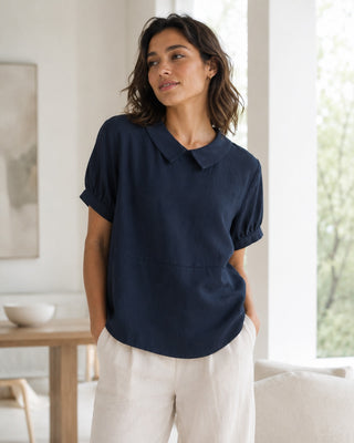 White Linen Blouse with Peter Pan Collar and Short Sleeves in Relaxed Fit for Women