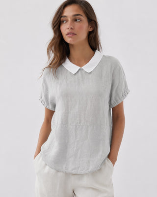 White Linen Blouse with Peter Pan Collar and Short Sleeves in Relaxed Fit for Women