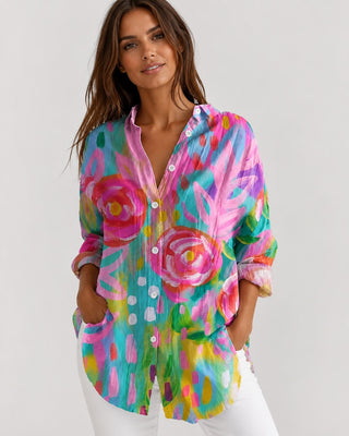 Floral Womens Blouse Button-Down Front Longer Length Three-Quarter Sleeves Lightweight Fabric
