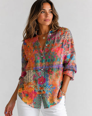 Floral Womens Blouse Button-Down Front Longer Length Three-Quarter Sleeves Lightweight Fabric