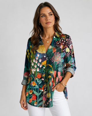Floral Womens Blouse Button-Down Front Longer Length Three-Quarter Sleeves Lightweight Fabric