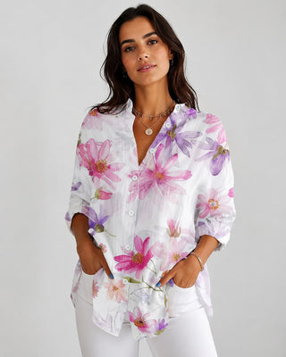 Floral Womens Blouse Button-Down Front Longer Length Three-Quarter Sleeves Lightweight Fabric