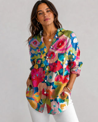 Floral Womens Blouse Button-Down Front Longer Length Three-Quarter Sleeves Lightweight Fabric