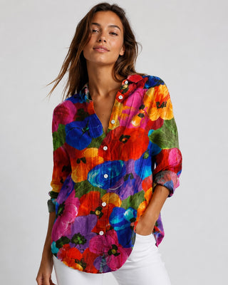Floral Womens Blouse Button-Down Front Longer Length Three-Quarter Sleeves Lightweight Fabric