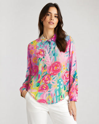 Floral Womens Blouse Button-Down Front Longer Length Three-Quarter Sleeves Lightweight Fabric