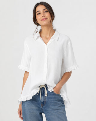 Modern Casual Womens Shirt with Ruffle Trim Button-Down Design Lightweight Linen Three-Quarter Sleeves