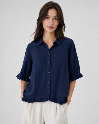 Modern Casual Womens Shirt with Ruffle Trim Button-Down Design Lightweight Linen Three-Quarter Sleeves