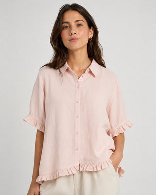 Modern Casual Womens Shirt with Ruffle Trim Button-Down Design Lightweight Linen Three-Quarter Sleeves