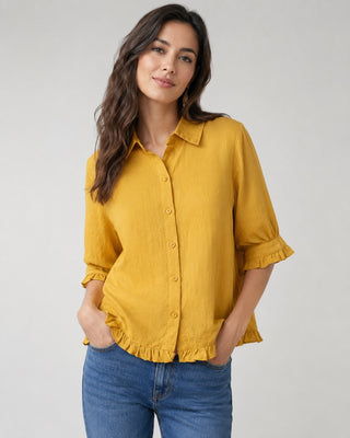 Modern Casual Womens Shirt with Ruffle Trim Button-Down Design Lightweight Linen Three-Quarter Sleeves