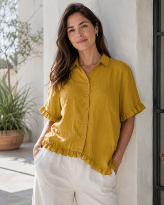 Modern Casual Womens Shirt with Ruffle Trim Button-Down Design Lightweight Linen Three-Quarter Sleeves